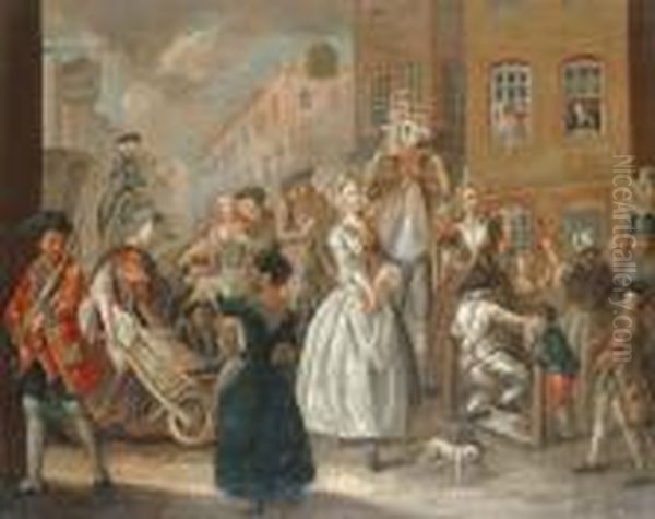 A Young Woman Walking Through A Crowded City Street Oil Painting by William Hogarth