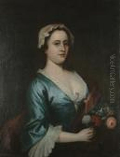 Portrait Of A Young Lady Half Length, Wearing A Blue Dress, Holding A Posey Of Flowers Oil Painting by William Hogarth