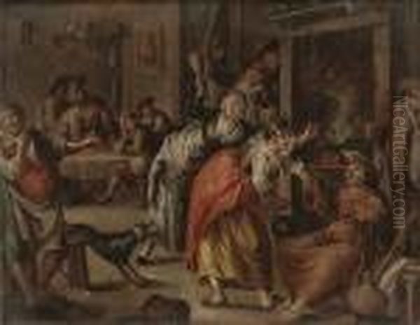 A Monk Drunk In A Tavern - The 
Reverse Of The Panel Painted Withthe Bust Of A Man; And A Monk Selling 
Relics In A Tavern Oil Painting by William Hogarth