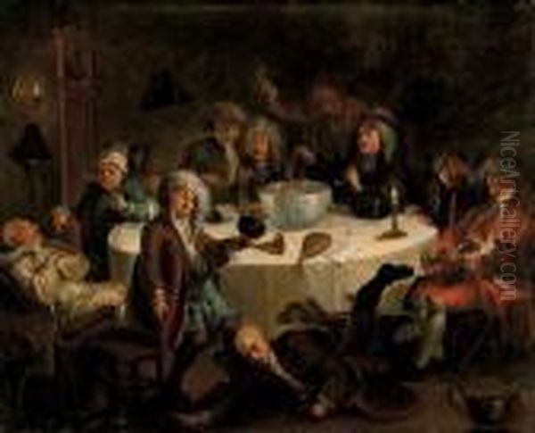 A Midnight Modern Conversation Oil Painting by William Hogarth