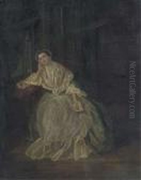 Portrait Of A Lady, Seated Small
 Full-length, In A White And Blue Dress, Holding A Book, In An Interior Oil Painting by William Hogarth