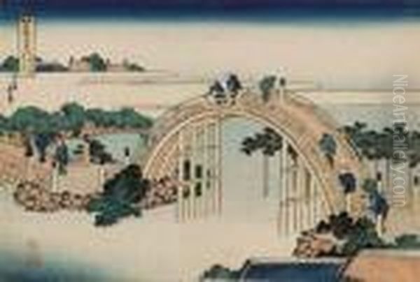 Kameido Tenjin Taikobashi Oil Painting by Katsushika Hokusai