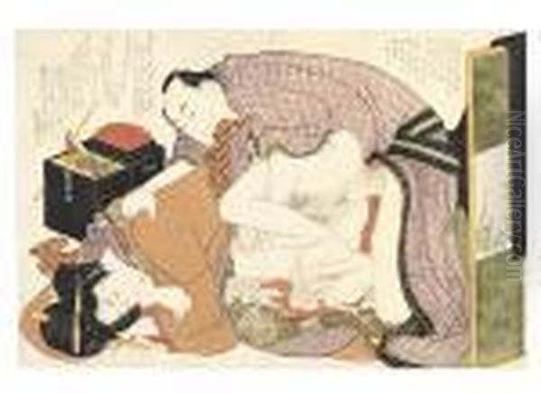 A Couple Making Love In
Front Of A Screen Painted With Irises Oil Painting by Katsushika Hokusai