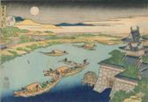 Une Vue De Nuit Au Clair De Lune Prise Du Chateau-fort De Yodo. Oil Painting by Katsushika Hokusai