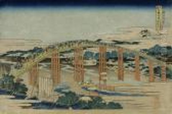 The Yahagi Bridge At Okazaki On The Tokaido Road, From The Series Shokoku Meikyo Kiran Oil Painting by Katsushika Hokusai