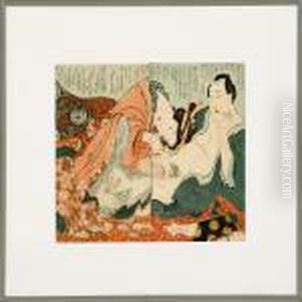 Erotic Double-pageprint From A Pillow Book Oil Painting by Katsushika Hokusai