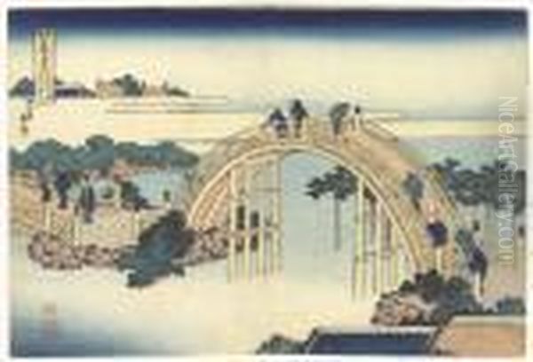 Kameido Tenjin Taiko Bashi (drum
 Bridge At Kameido Tenjin Shrine), From The Series Shokoku Meikyo Kiran 
(wondrous Views Of Famous Bridges In All The Provinces) Oil Painting by Katsushika Hokusai