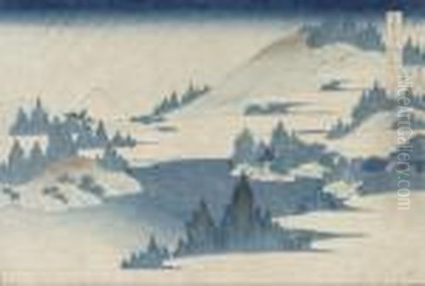 From The Series Fugaku 
Sanjurokkei [the Thirty-six Views Of Mount Fuji], Soshu Hakone Kosui , 
[the Lake At Hakone In Sagami Province], Signed Zen Hokusai Iitsu Hitsu Oil Painting by Katsushika Hokusai