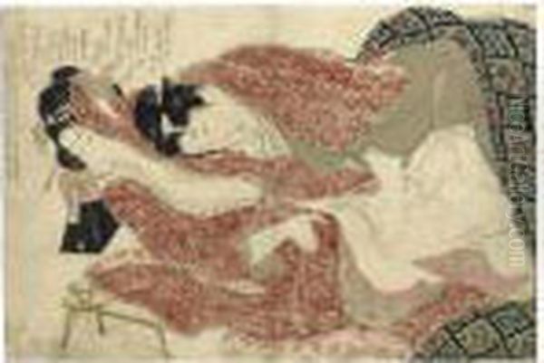 Three Shunga (erotic) Prints: 
Two Sheets From The Series 'ehon Tsuhi No Hinagata' By Hokusai And One 
Sheet From The Series 'negai No Itoguchi' Oil Painting by Katsushika Hokusai