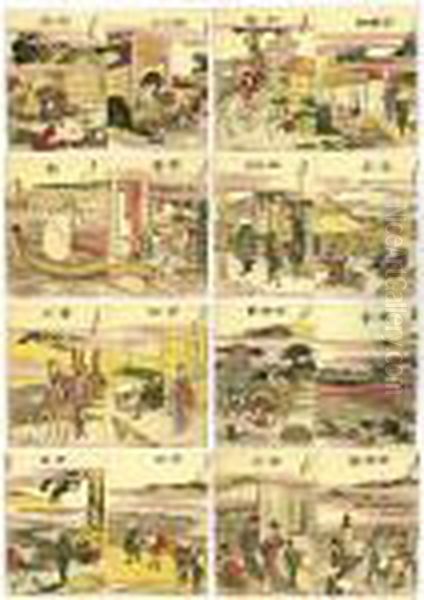 A Complete Set Of The 
````tokaido Gojusan-tsugi' (the Fifty-three Stations Of The Tokaido 
Road) Oil Painting by Katsushika Hokusai