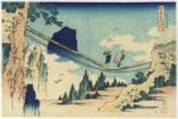 Hi-etsu No Sakai Tsuribashi (the
 Suspension Bridge Between Hida Andechizen Provinces), From The Series 
Shokoku Meikyo Kiran (wondrousviews Of Famous Bridges In All The 
Provinces) Oil Painting by Katsushika Hokusai