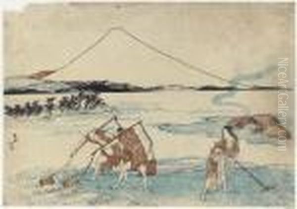 Two Prints, Men Gathering Salt, 
Buckets Suspended From Poles Acrosstheir Shoulders And A Woman Raking 
Salt In Shallow Water, Salt Hutsto The Right, Mount Fuji In The 
Background, From The Series Fujihakkei Zu (eight Views Of Mount Fuji), 
Signed Kat Oil Painting by Katsushika Hokusai