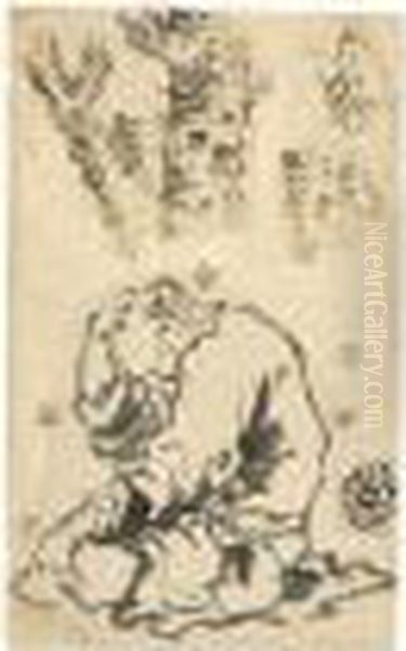 Feuille D'etudes : Un Homme Assis Et Etudes D'arbres Oil Painting by Katsushika Hokusai