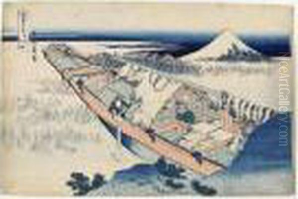 Joshu Ushibori. Le Fuji Vu D'un Bateau A Ushibori Dans La Province D'hitachi Oil Painting by Katsushika Hokusai