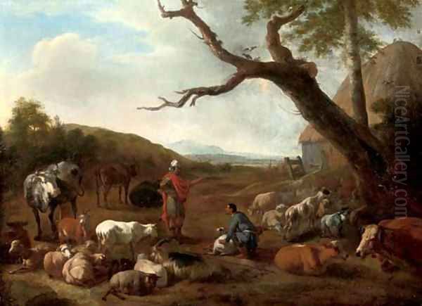 An Italianate wooded landscape with the departure of Jacob and Laban Oil Painting by Jan van der Meer