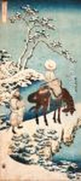 A Chinese Poet On A Mule And An 
Attendant Pausing On A Road Towatch A Flock Of White Gulls In The Snowy 
Landscape Oil Painting by Katsushika Hokusai