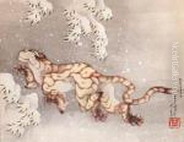 Tiger In A Snowstorm Oil Painting by Katsushika Hokusai