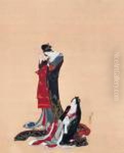 Two Courtesans Oil Painting by Katsushika Hokusai