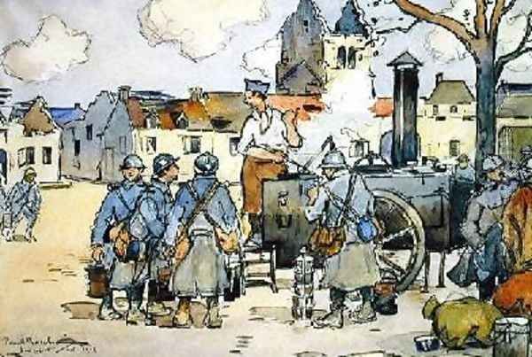 French Snipers at a Field Kitchen Marne October 1915 Oil Painting by Paul Morchain