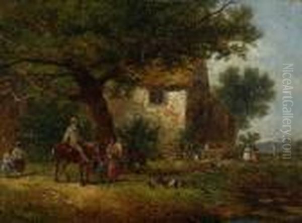 Figures Near A Farmhouse Oil Painting by James Holland