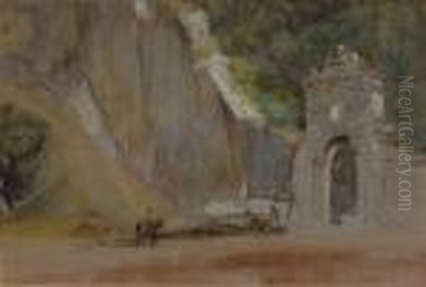 Ariccia, Figures Before A Stone Archway Oil Painting by James Holland