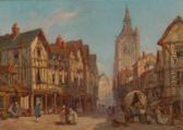 Continental Street Scene With Numerous Figures Oil Painting by James Holland