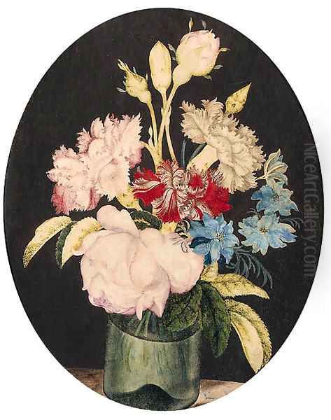 Still-life of Rosa centifolia Cabbage Rose, Dianthus caryophyllus Carnation and Nigella var Oil Painting by Alexander Marshal