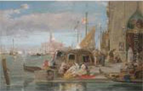 A Quayside, Venice, San Giorgio Maggiore Beyond Oil Painting by James Holland