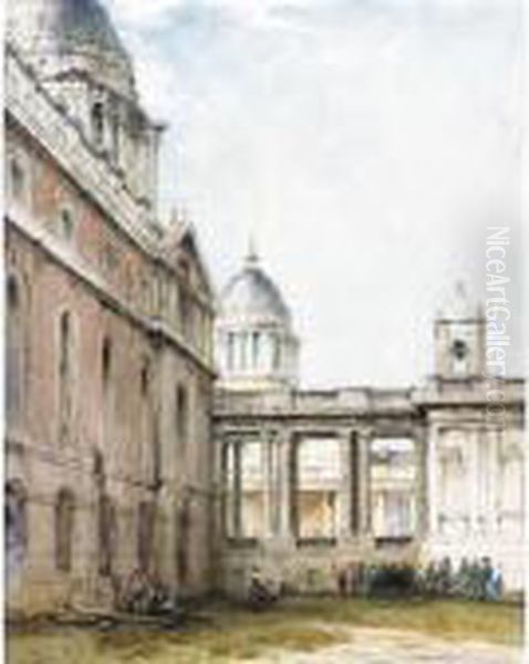 A Stonemason And Other Figures In The King William Courtyard, Greenwich Hospital Oil Painting by James Holland