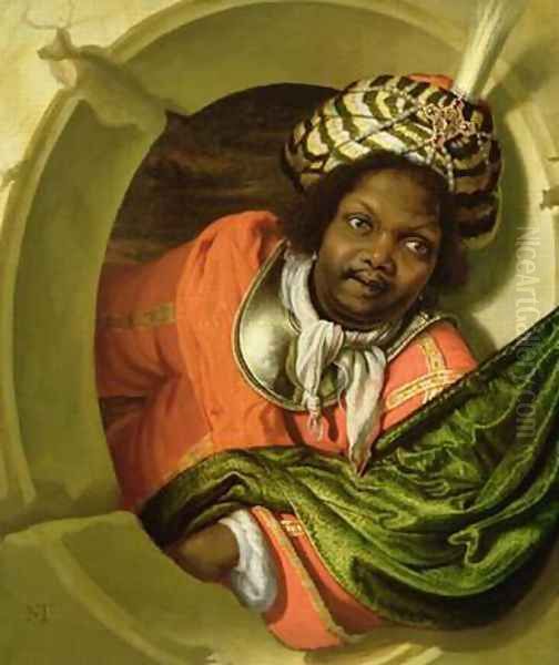 Portrait of a Moor holding a flag at a window Oil Painting by Bartholomaus Maton