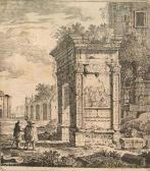 Untitled (two Men Standing By Roman Ruin) Oil Painting by Wenceslaus Hollar