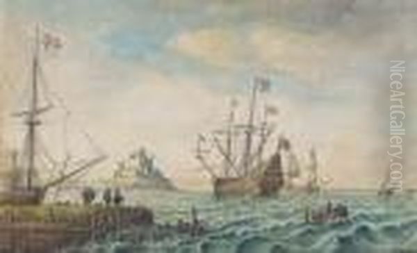 An English Galleon Anchored Off A Fortified Port Oil Painting by Wenceslaus Hollar