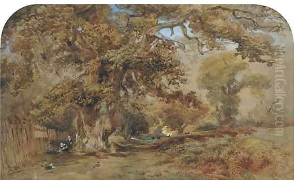 Figures by a path in a wooded landscape, with deer beyond Oil Painting by David Hall McKewan