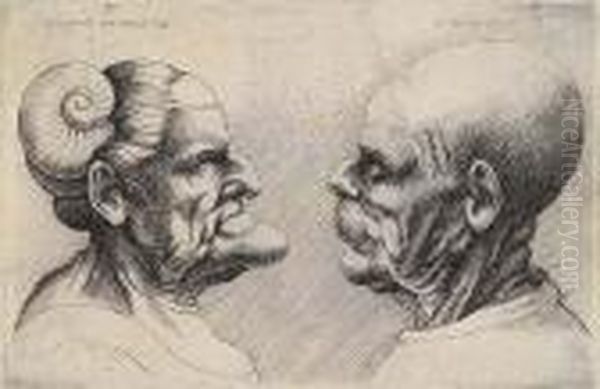 Two Grotesque Heads Oil Painting by Wenceslaus Hollar