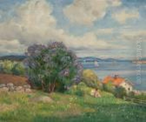 Sommerdag I Haven Ved Oslofjorden Oil Painting by Thorolf Holmboe