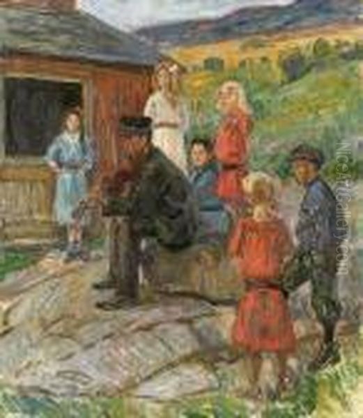 Youth And Fiddle Player Oil Painting by Thorolf Holmboe