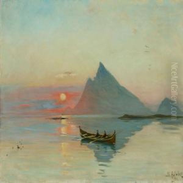 A Longboat Along The Coast Oil Painting by Thorolf Holmboe