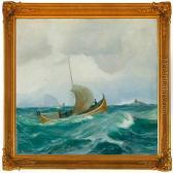 A Fishing Vessel Onopen Sea Oil Painting by Thorolf Holmboe