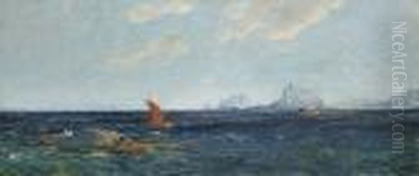 Boat Fromnothern-norway In Coastal Landscape 1896 Oil Painting by Thorolf Holmboe