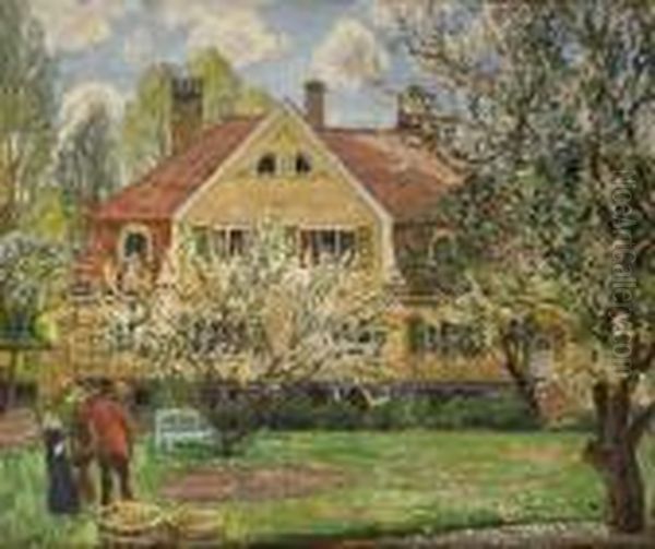 House And Garden Withpeople 1915 Oil Painting by Thorolf Holmboe