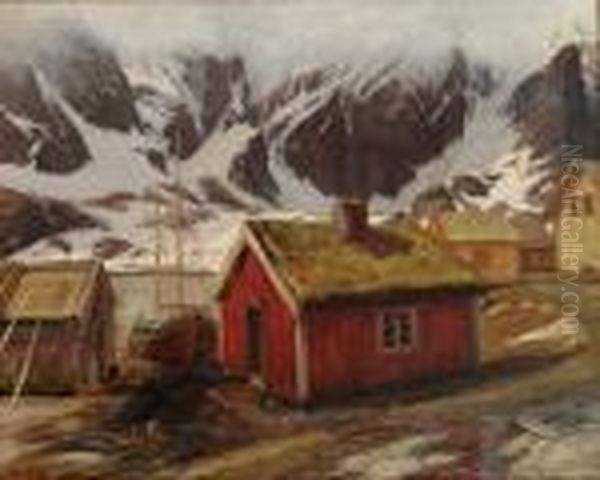 Fiskevaer I Lofoten 1902 Oil Painting by Thorolf Holmboe