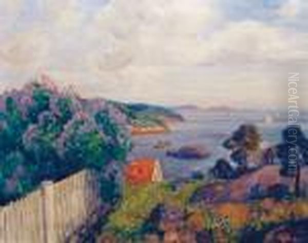 Kystlandskap Med Blomstrende Syriner Oil Painting by Thorolf Holmboe