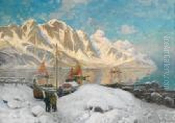 Fiskevaer I Lofoten Oil Painting by Thorolf Holmboe