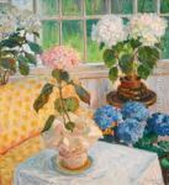 Hagestue Med Hortensia I Potter 1916 Oil Painting by Thorolf Holmboe