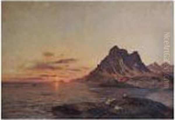 Midnattsol Pa Nordkap (midnight Sun At The North Cape) Oil Painting by Thorolf Holmboe