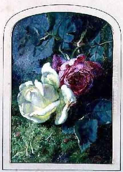 Roses and a ladybird on a mossy bank Oil Painting by Martha Darley Mutrie