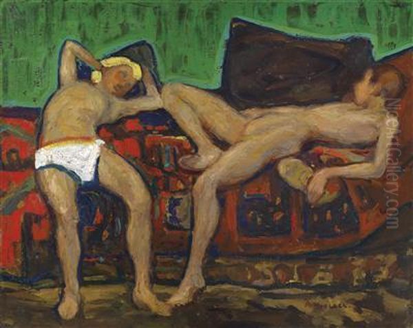 Two Resting Nudes Oil Painting by Adolf Hoelzel