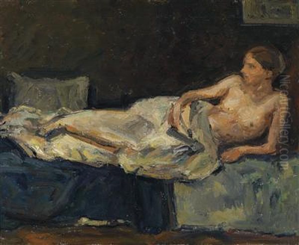 Reclining Half Nude Figure Oil Painting by Adolf Hoelzel