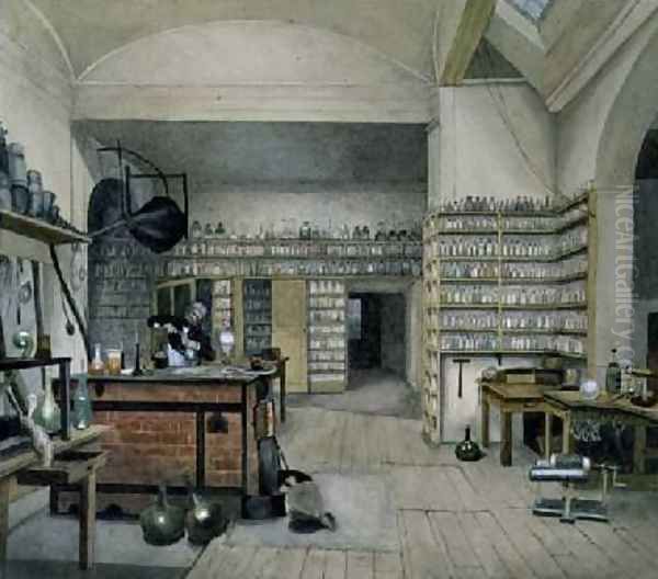 Michael Faraday 1791-1867 in his Basement Laboratory 1852 Oil Painting by Harriet Jane Moore