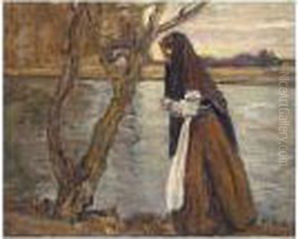 Frau An Der Amper (auf Dem Heimweg) (woman On The River Amper - The Journey Home) Oil Painting by Adolf Hoelzel